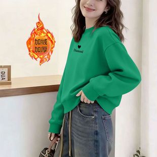 秋冬纯棉绿色加绒加厚短款高腰卫衣女时尚韩版减龄百搭显瘦上衣服