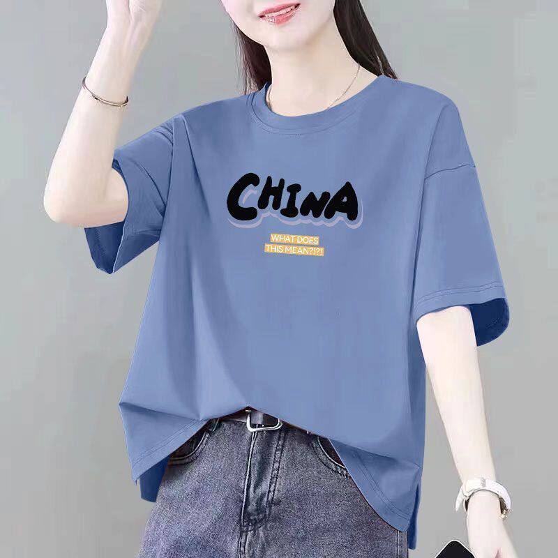 100%纯棉女士短袖开叉T恤夏季精品时尚洋气韩版宽松遮肉显瘦上衣