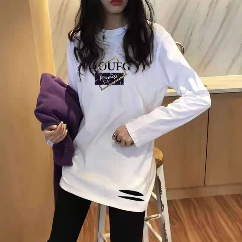 100%纯棉破洞中长款打底衫女