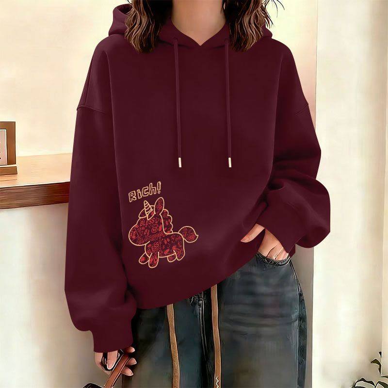 加绒加厚连帽短款纯棉卫衣女新年新款时尚韩版百搭本命年红色上衣