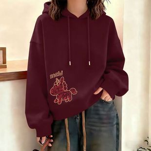 加绒加厚连帽短款纯棉卫衣女新年新款时尚韩版百搭本命年红色上衣
