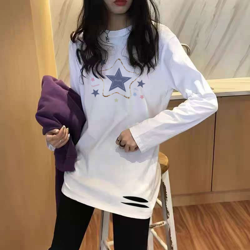 搭鲨鱼裤纯棉破洞加绒打底衫女秋冬新款韩版洋气百搭宽松显瘦上衣