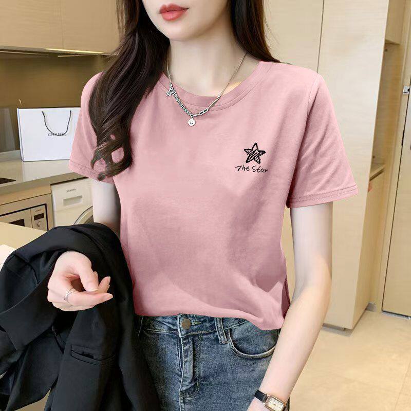 皮粉色纯棉短袖星星印花T恤女
