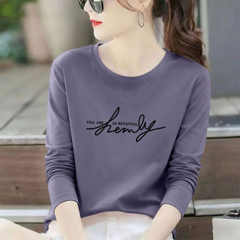 春秋女士纯棉长袖印花打底衫T恤时尚韩版通勤百搭宽松显瘦ins上衣