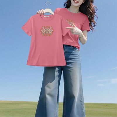 纯棉紫红色短袖开叉圆领T恤女