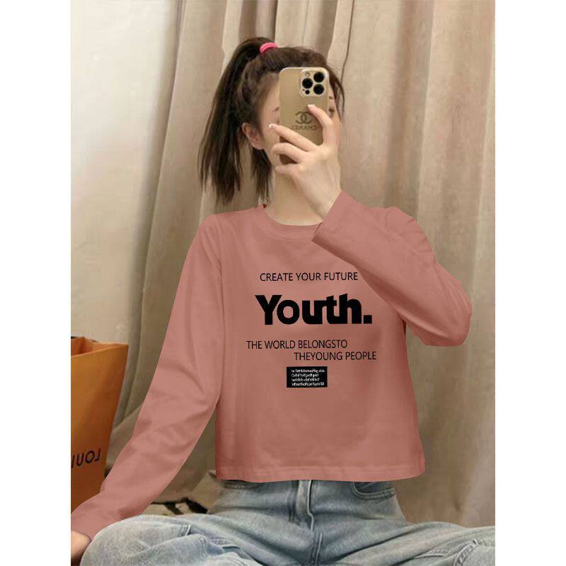 基础款纯棉长袖短款T恤女春秋新款时尚洋气潮流百搭显瘦小个上衣