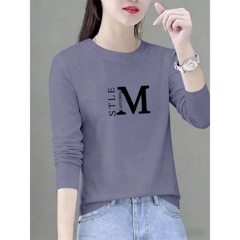 春秋纯棉休闲长袖印花圆领T恤女时尚潮流百搭宽松显瘦内搭上衣服
