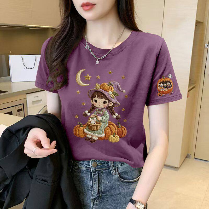 纯棉仿刺绣短袖印花圆领T恤女夏季新款时尚潮流百搭爆款休闲上衣