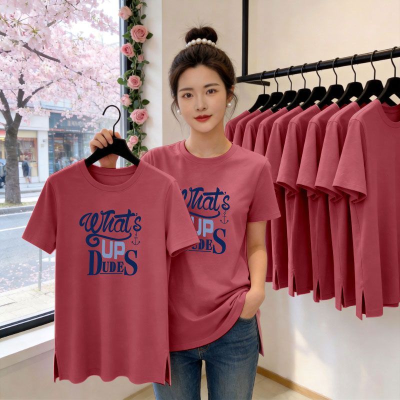 纯棉爆款中长款短袖开叉T恤女