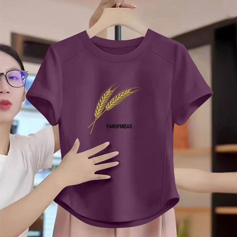 100%纯棉短袖鱼骨弧形T恤女