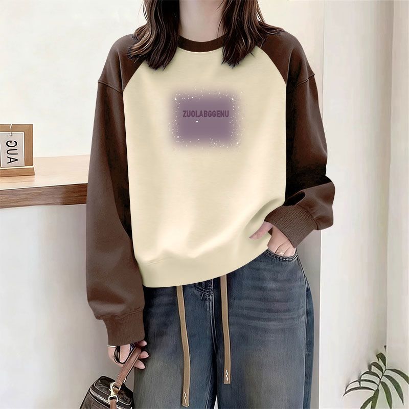 插肩袖撞色套头卫衣女