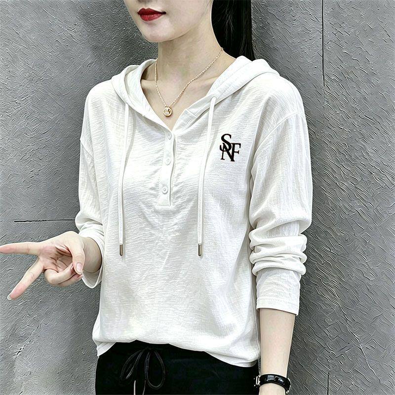 竹节棉白色长袖连帽打底衫T恤女