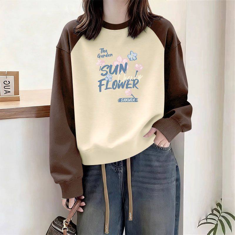 秋冬插肩袖短款纯棉卫衣女时尚潮流百搭小个子宽松显瘦印花上衣服