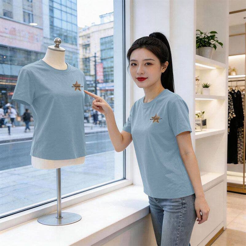 雾蓝色纯棉短袖印花T恤女夏季