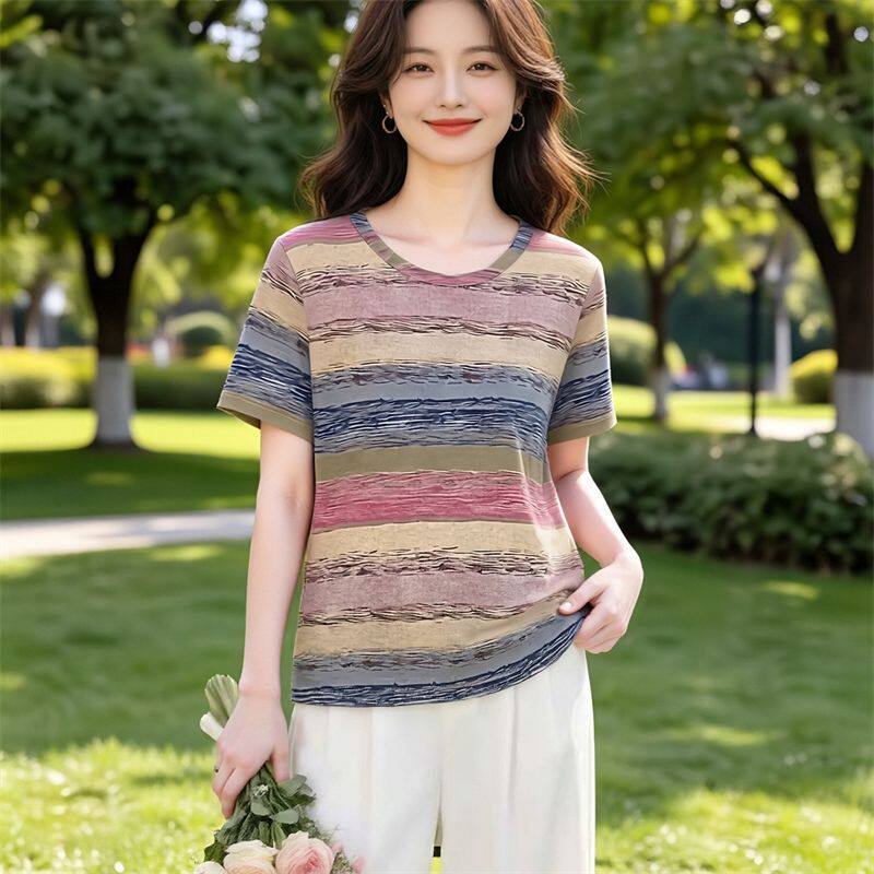 彩虹条纹冰丝扎染短袖T恤女夏季