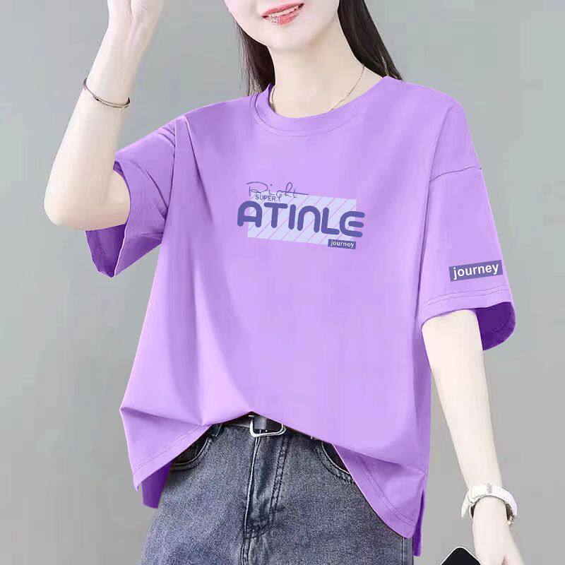 纯棉紫色短袖开叉印花T恤女