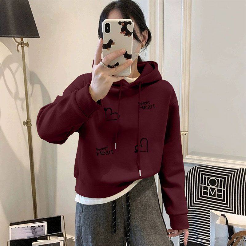 秋冬女士短款连帽加绒加厚卫衣时尚洋气新款百搭韩版小个子外套服