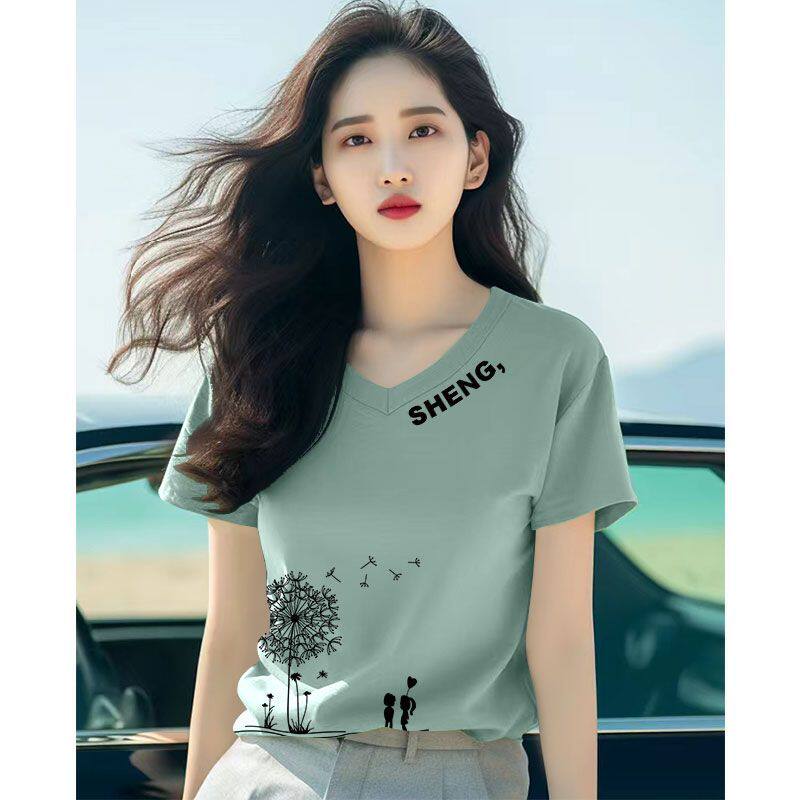 薄荷绿纯棉短袖V领T恤女夏季新款时尚洋气韩版百搭显瘦内搭上衣服