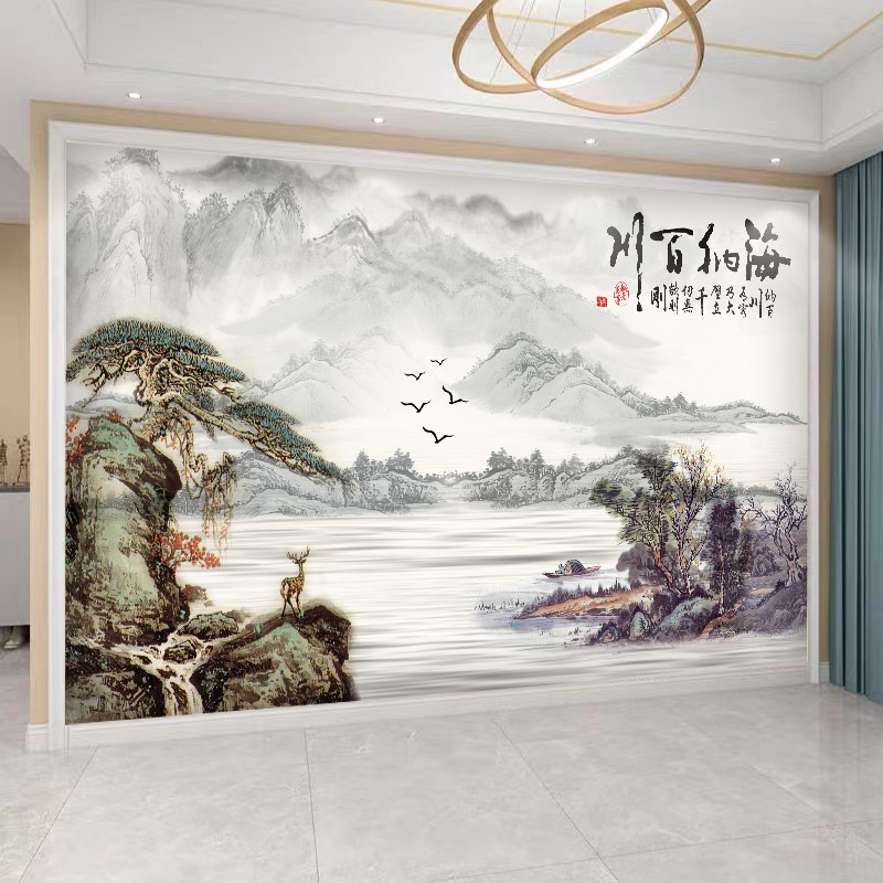 壁纸定制电视背景墙壁纸8d立体大气聚宝盆山水画 Q画客厅办公室3d