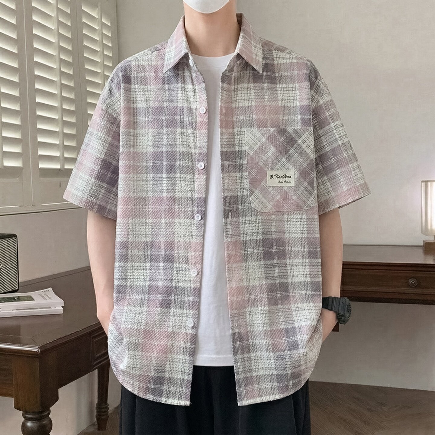 冰丝格子衬衫男短袖夏季
