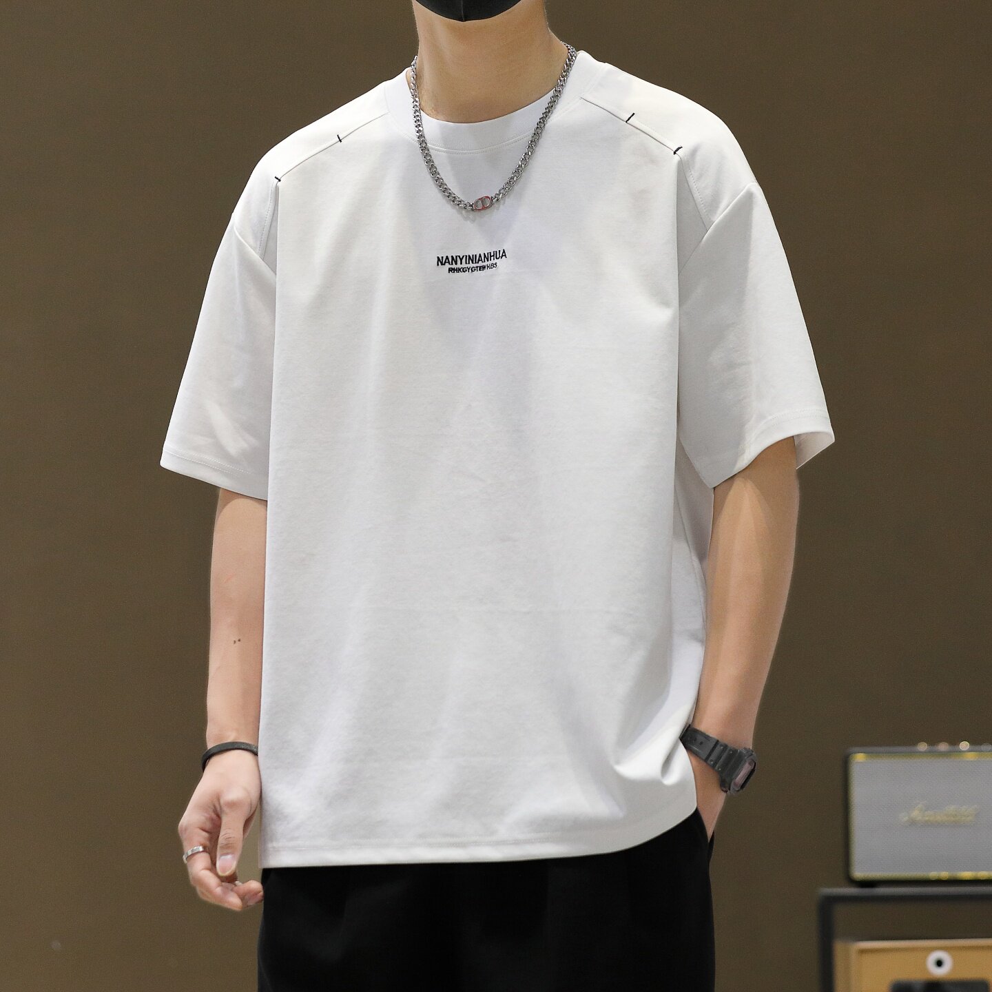 美式潮牌刺绣白色短袖T恤