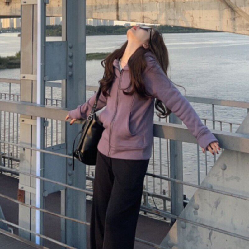 紫色修身卫衣外套女2025