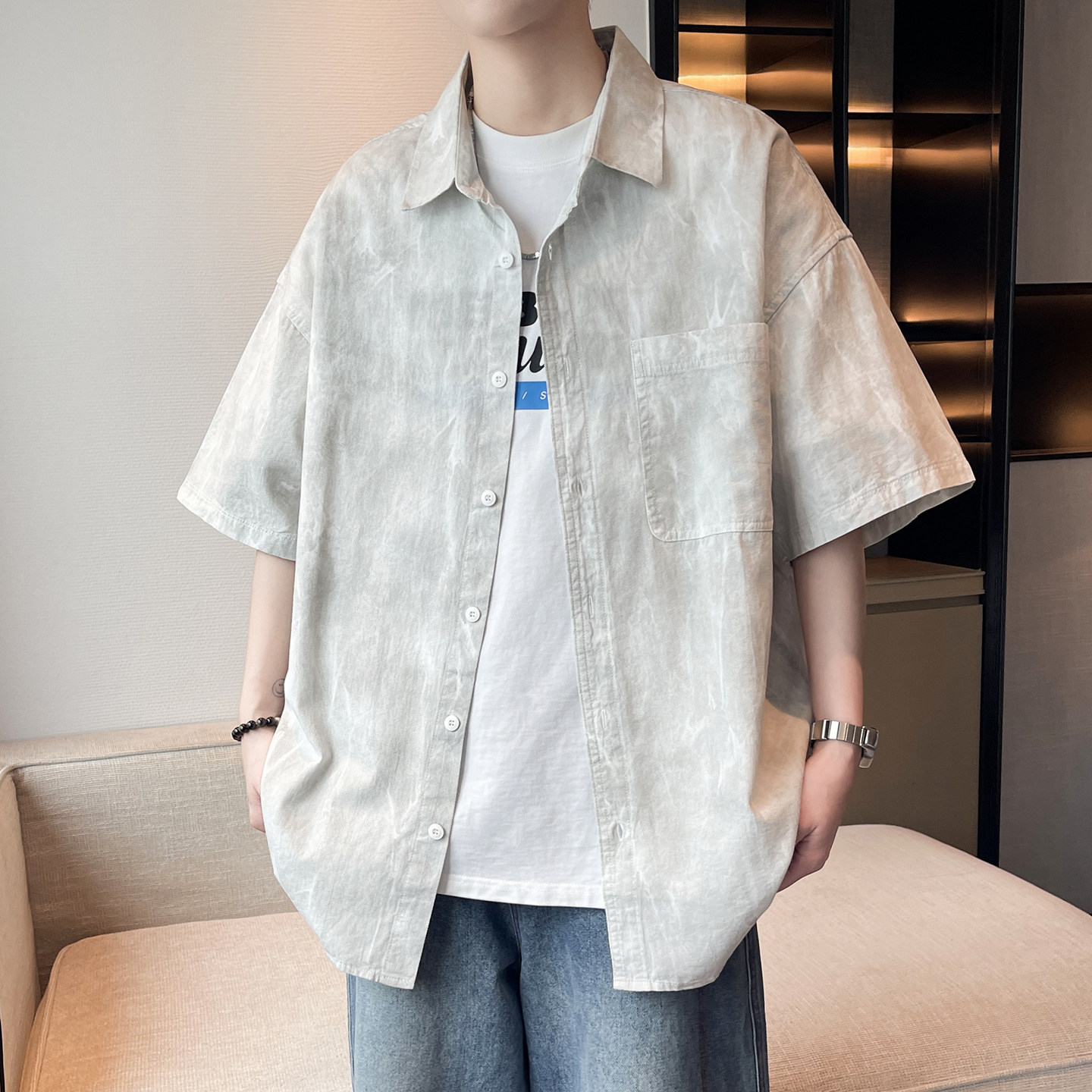纯棉短袖衬衫男款夏季潮