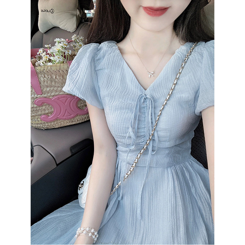 法式漂亮掐腰蓝色洋装女