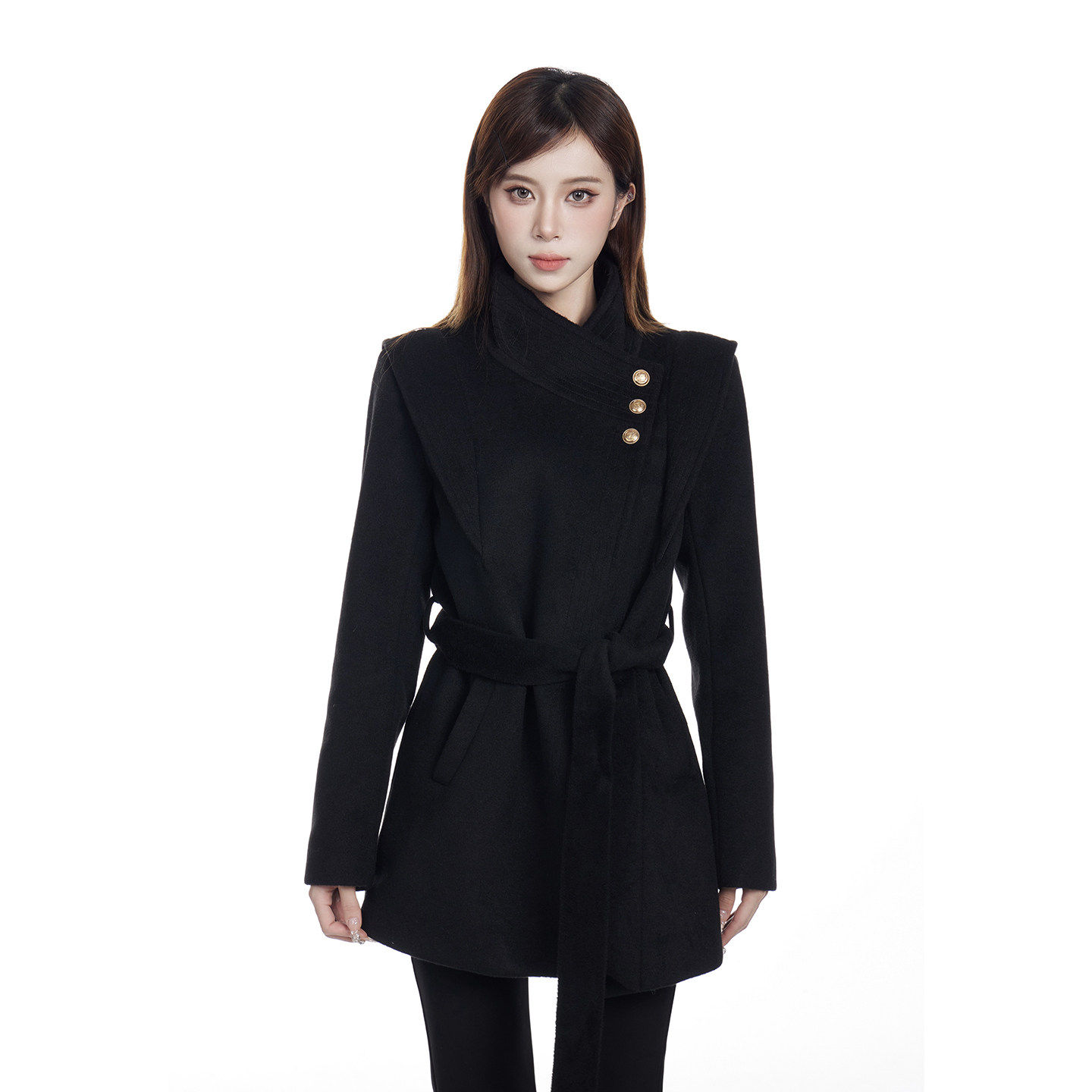 黑色毛呢大衣女2026春季