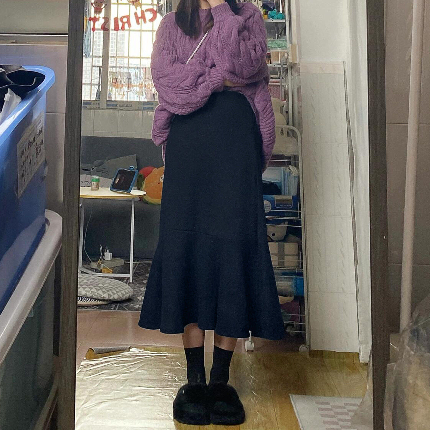黑色针织中长版半身裙女