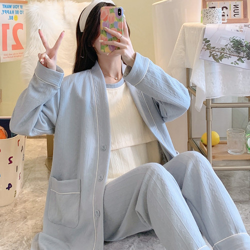 孕妇睡衣女秋冬季11月份纯棉空气棉12三件套月子服春秋款产後哺乳