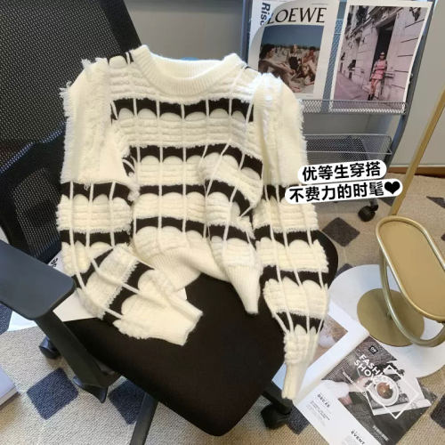 条纹针织打底衫女秋冬2024新款韩版时髦套头泡泡袖毛衣设计感流苏