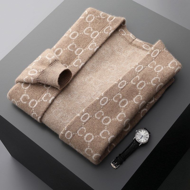 秋冬新款纯山羊绒开衫男长袖商务休闲撞色提花毛衣针织衫上衣外套