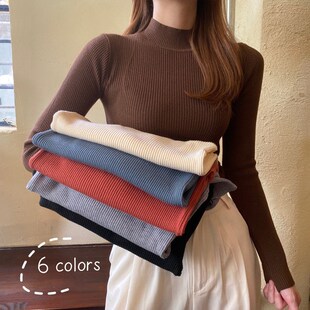 2024新款秋冬半高领打底衫女条纹高弹针织衫小高领紧身螺纹毛衣厚