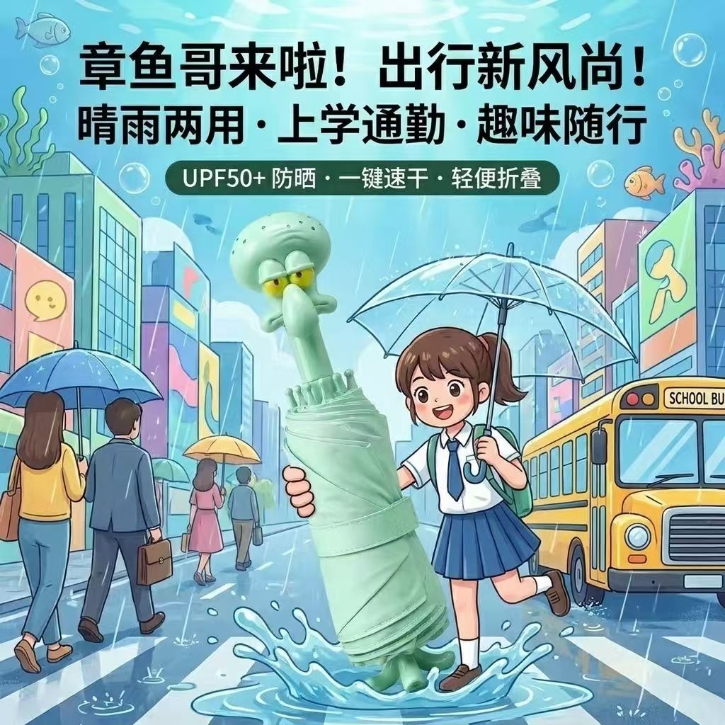 章鱼哥雨伞折叠伞海绵宝宝比奇堡的居民们晴直骨伞水枪KV手机支架