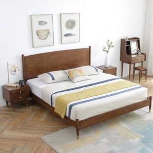 全实木1.8米双人床北欧简约现代风格 轻奢卧室家具1.5m胡桃单人床