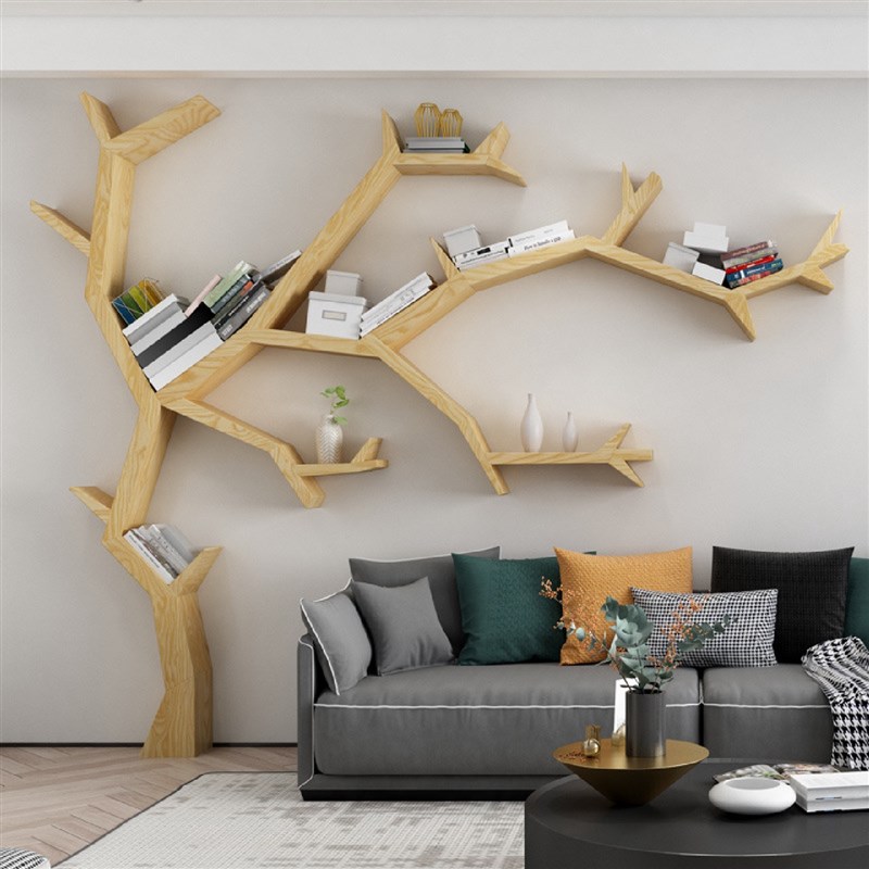 简易实木b办公室客厅电视墙沙发后背景壁挂墙上书架置物架落地