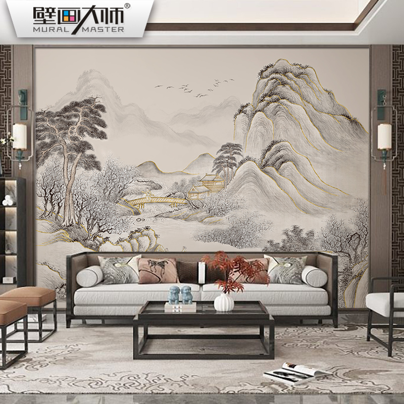 2023新中式意境山水壁布电视背景墙纸客厅沙发墙布T酒店壁纸3d壁