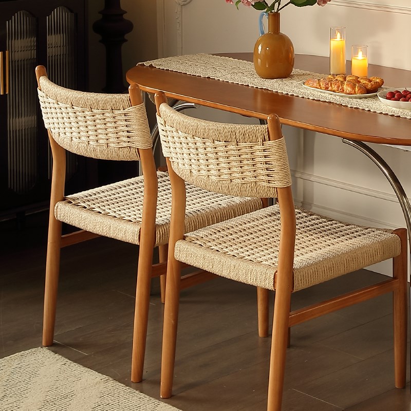 藤编餐椅日法式原实木风侘寂靠背椅复中古家M用樱桃餐桌椅子绳织