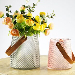 北欧轻奢欧式花瓶软装鲜花干花插瓶花容器摆件皮带手拎玻璃瓶田园