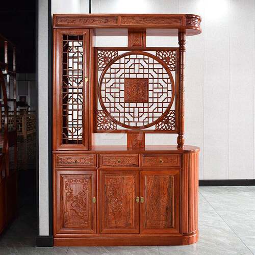 新中式仿古实木家用入户门龙柱玄关柜双面屏风隔断客厅遮挡福字P^