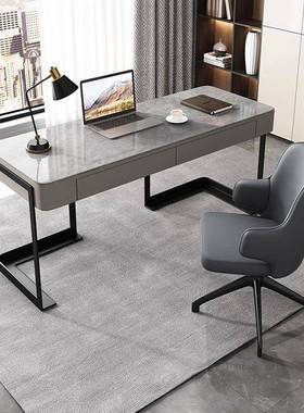 意式极简亮光岩板书桌现代轻奢书房家用小户型台式电脑写字办公桌