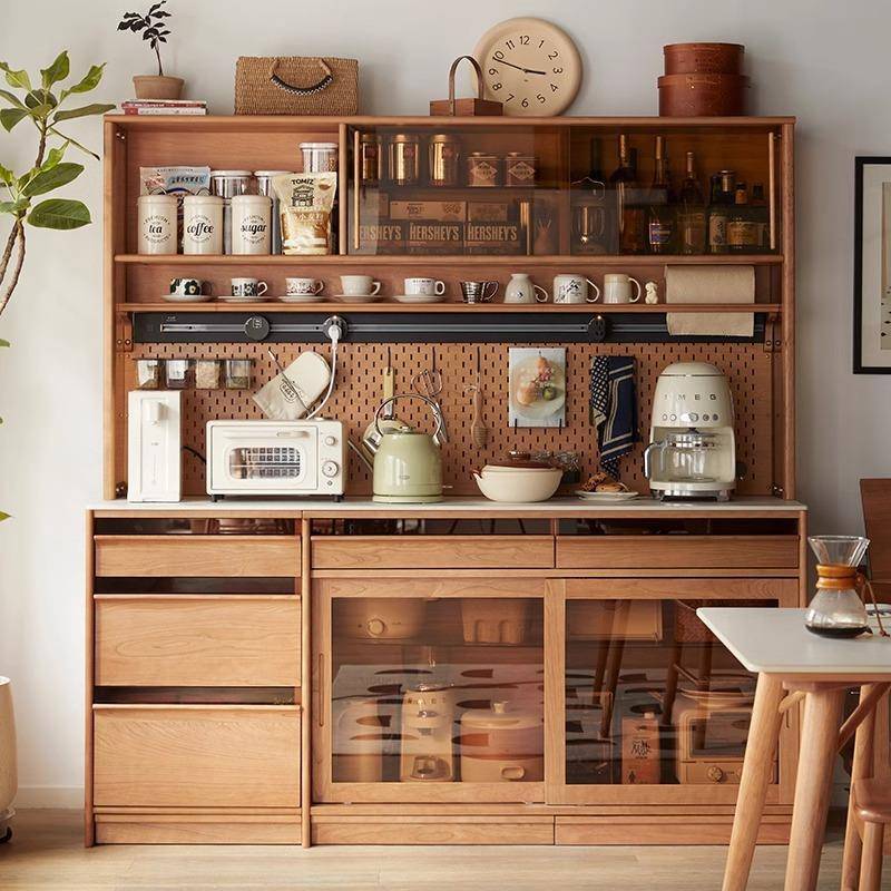 北欧实木餐边柜餐厅靠墙一体日式樱桃木置物柜家用洞洞板储物柜