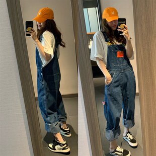 不挑人宽松拖地长阔腿高个牛仔背带裤 现货自留韩国2021秋季 女新款