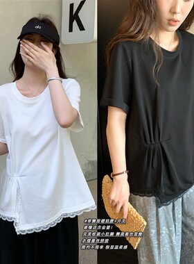 NAZ那子大码夏季雅纱棉掐腰开叉蕾丝上衣胖mm褶皱短袖洋气T恤显瘦