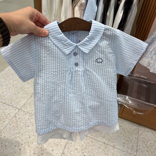 韩国童装 24夏新款男童宝翻领蓝色条纹短袖衬衣 白色短裤绅士套装