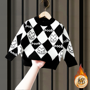男童毛衣纯棉秋冬款儿童针织衫2023新款加绒加厚婴儿毛线衣黑白菱