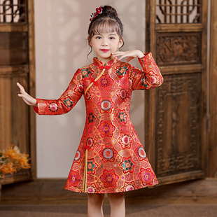 儿童旗袍新年2023新款红色长袖中国风过年衣服女童唐装拜年服冬季