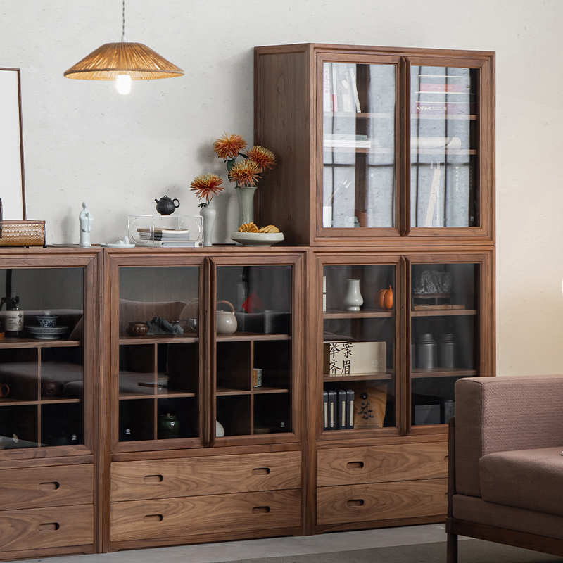 璞木新中式黑胡桃木书柜r实木储物柜展示柜整面墙玻璃带门落地客