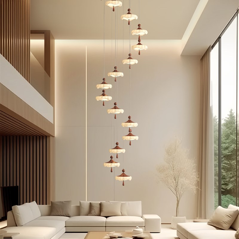 楼梯灯宋式美学旋转楼梯吊灯u2025新款中式覆古loft挑空别墅吊灯